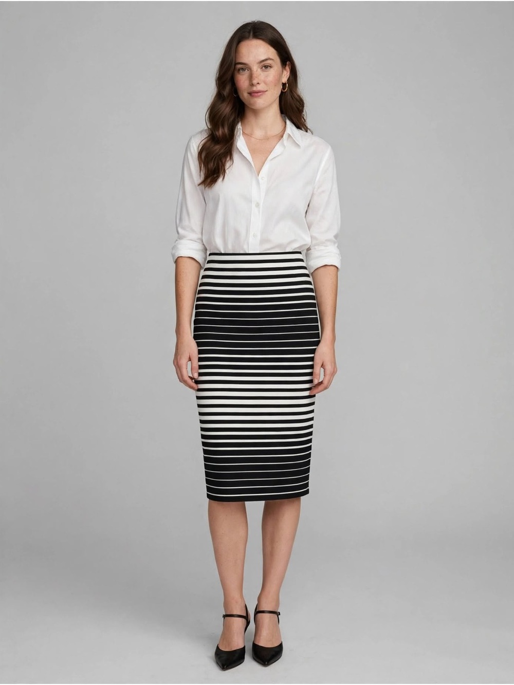 Black and White Striped Pencil Skirt - Sleek Office Staple